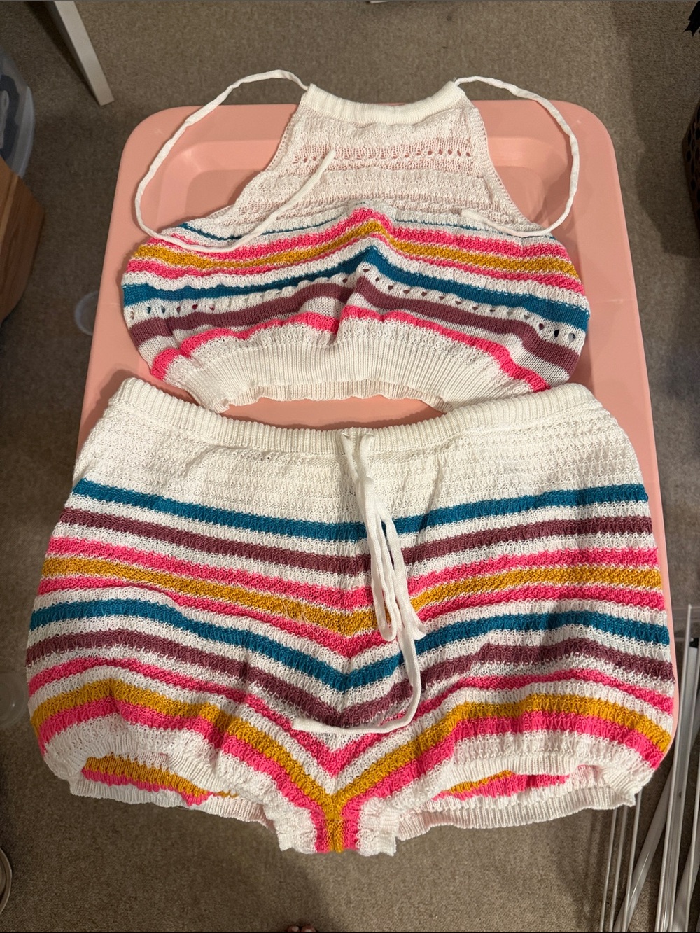 Striped Crochet Knit Two-Piece Set in White with Multicolor Stripes
